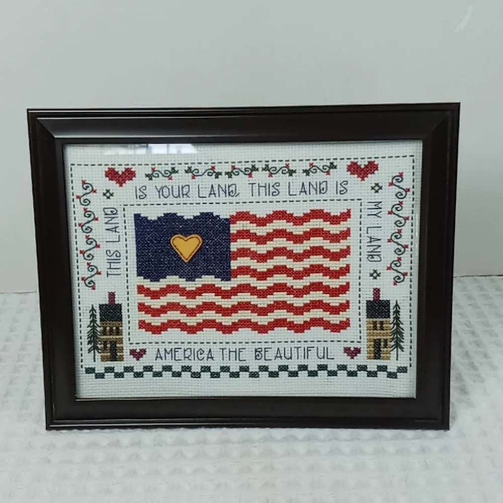 Vintage Framed Cross Stitch "America The Beautiful" American Flag Patriotic - Picture 13 of 13